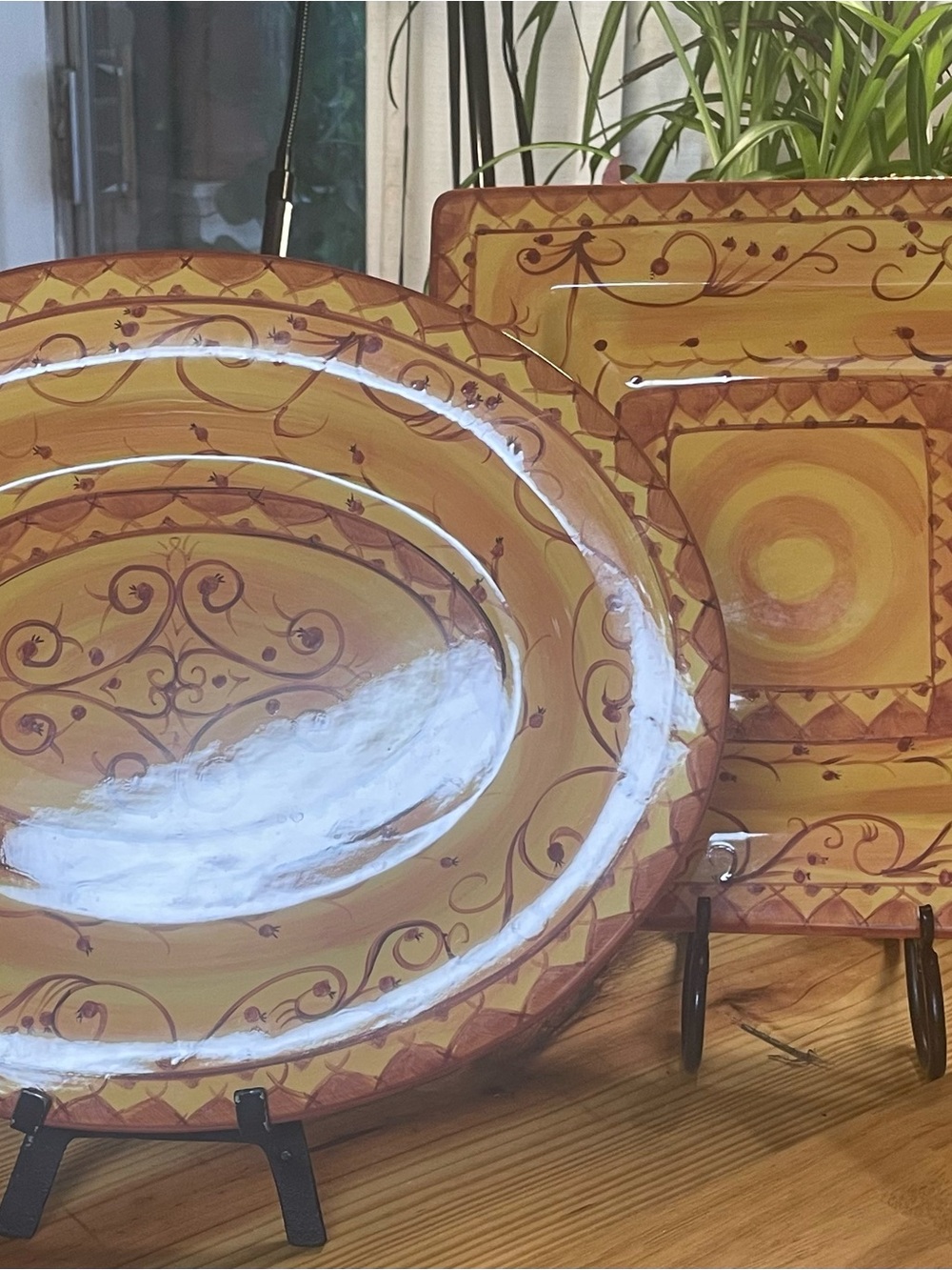 Pier 1 Karistan Platter Lot of 2 Hand Painted Earthenware Square & Oval Yellow
